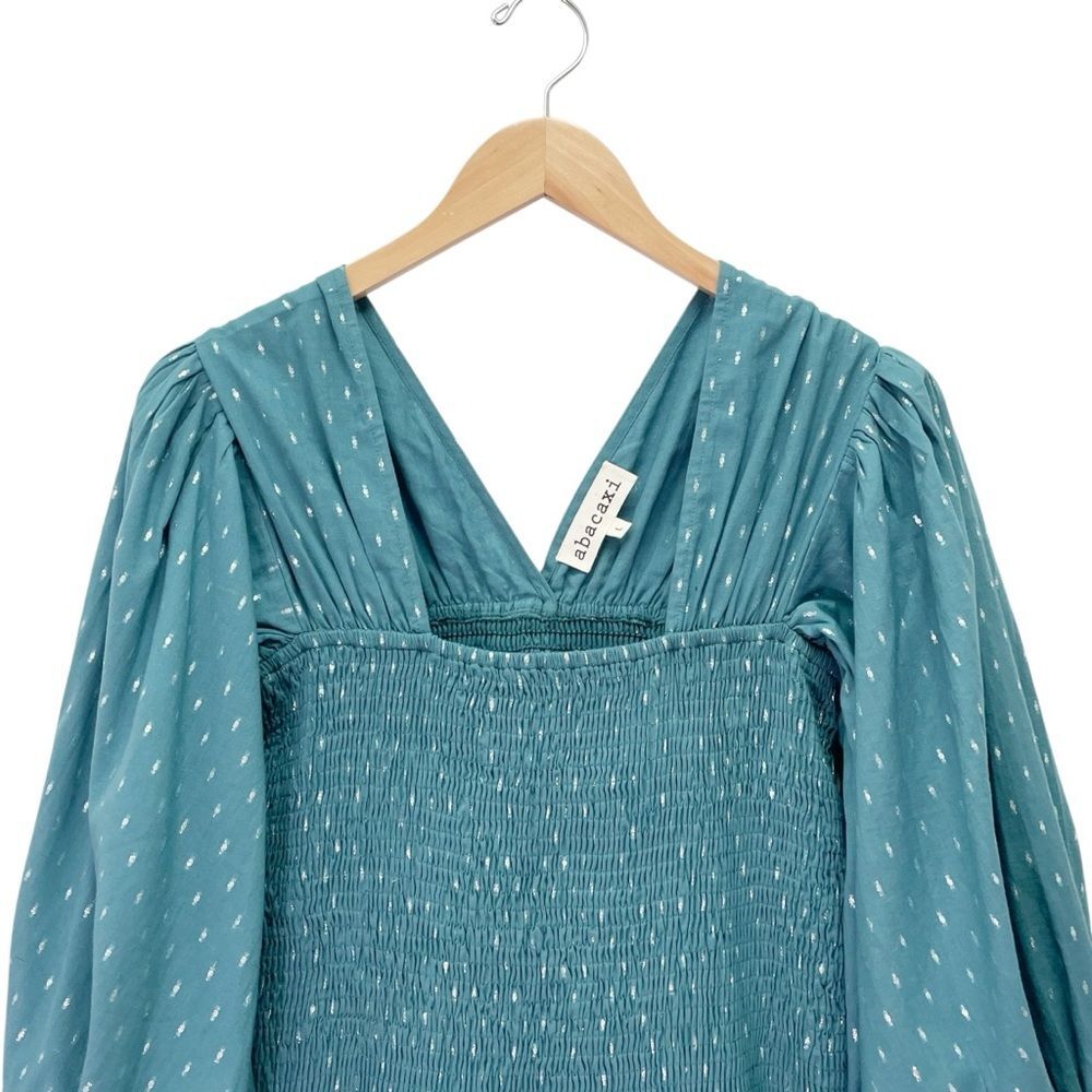 Abacaxi Eva Dress Teal Metallic Cotton Maxi Puff Sleeve Smocked Bodice Sz Large - Picture 12 of 16